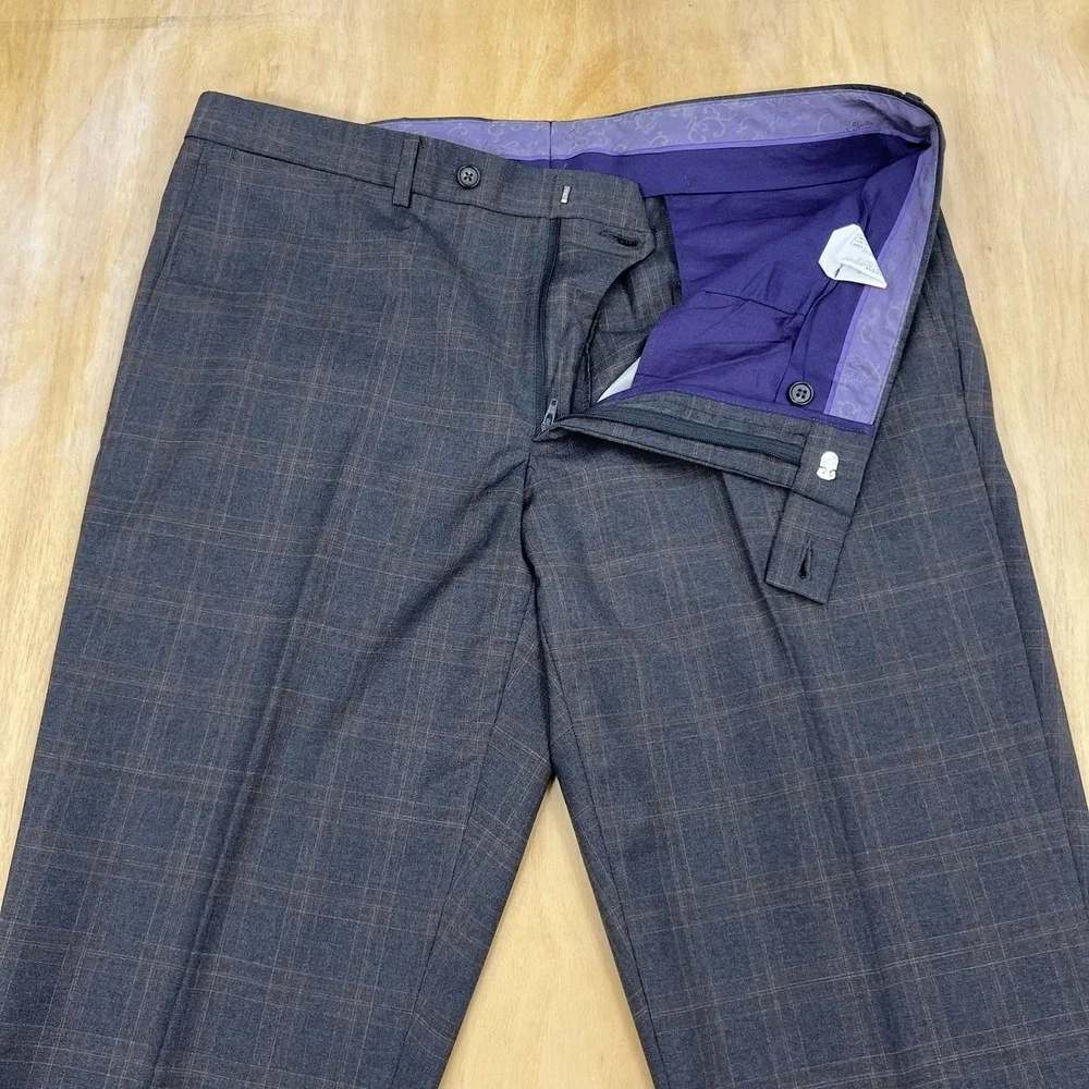 Ted Baker Suit 2Pc Set Mens 44L Long Wool Pants 37x31‎ Taper Gray/Brown Plaid